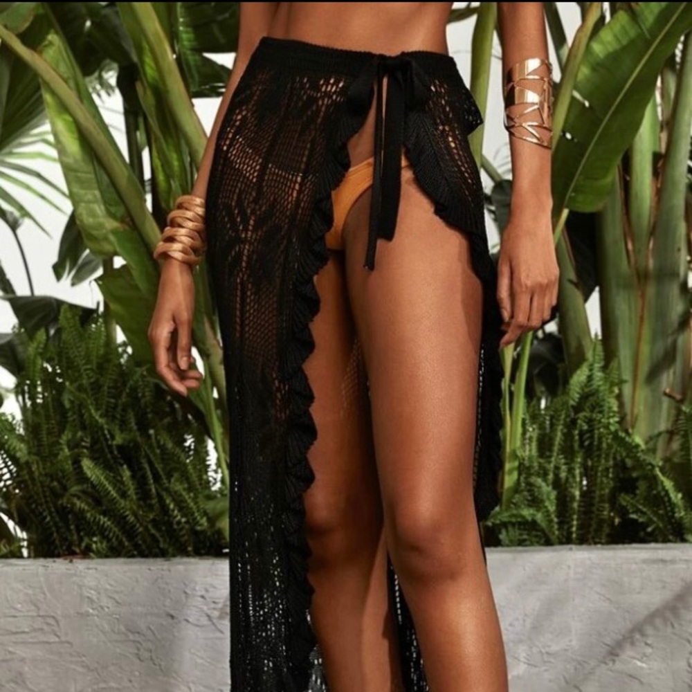 Swimwear cover up wrap crochet sarong skirt black - Picture 2 of 5